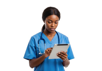 Professional african american female doctor nurse using tablet technology medical healthcare isolated on transparent background