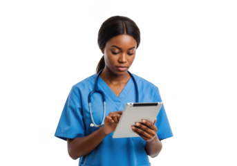 Professional african american female doctor nurse using tablet technology medical healthcare isolated on transparent background