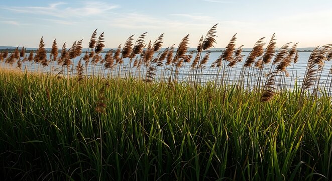 Tall grasses swaying gently in the breeze near a calm body of water.