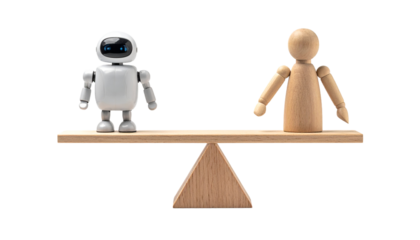 A visual representation of balance between a robot and a wooden mannequin