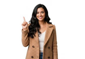 Smiling brunette woman in coat pointing upward stock photo, model posing for portrait, isolated on transparent background