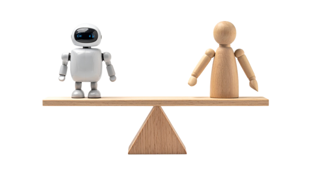 A visual representation of balance between a robot and a wooden mannequin