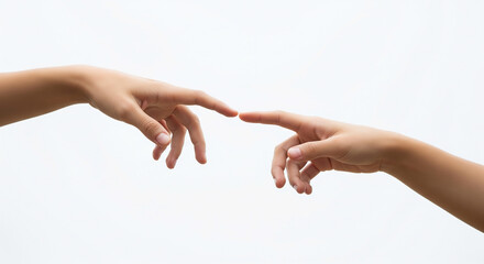 The symbolic gesture of two human hands reaching out, index fingers nearly touching, representing creation, connection, and the delicate spark of first contact