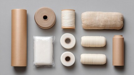 Various Spools and Rolls of Cream and Beige Sewing Threads, Cotton Fabrics, and Craft Supplies on a Soft Gray Background for Creative Projects