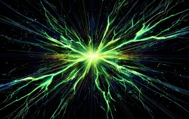 Abstract background of a vibrant energy explosion. A central burst of glowing light with electrical lightning streams. Big Bang, power, and technology concept