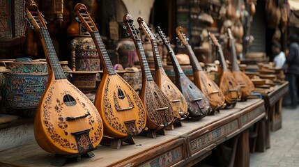 Handmade musical instruments beautifully displayed at a vibrant market, showcasing artisanal craftsmanship and cultural heritage.