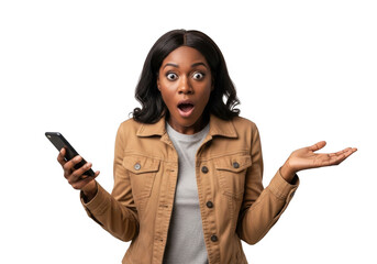 Shocked african american woman holding smartphone with open mouth and raised hands expression isolated on transparent background