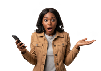 Shocked african american woman holding smartphone with open mouth and raised hands expression isolated on transparent background