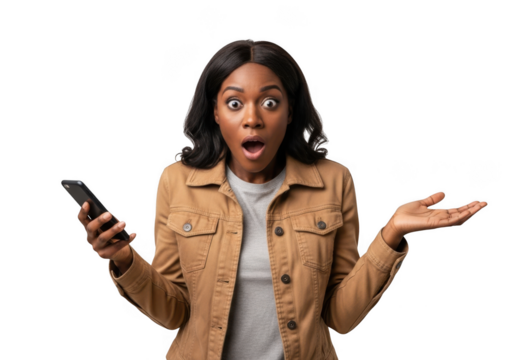 Shocked african american woman holding smartphone with open mouth and raised hands expression isolated on transparent background