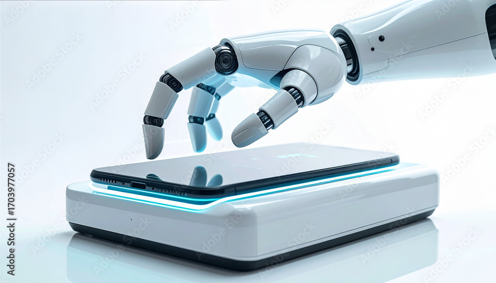 Poster a futuristic scene featuring a robot's hand interacting with a smartphone placed on a glowing platfo