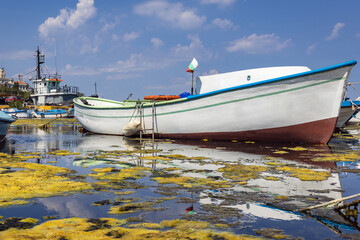Fototapeta premium Fishing boat in marina of Sozopol town on the Black Sea coast, Bulgaria