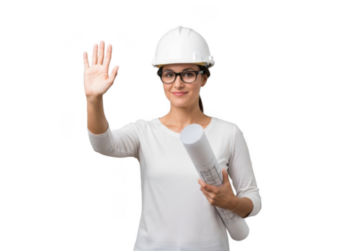 Female architect waving hello holding blueprints wearing hard hat and glasses professional engineer isolated on transparent background