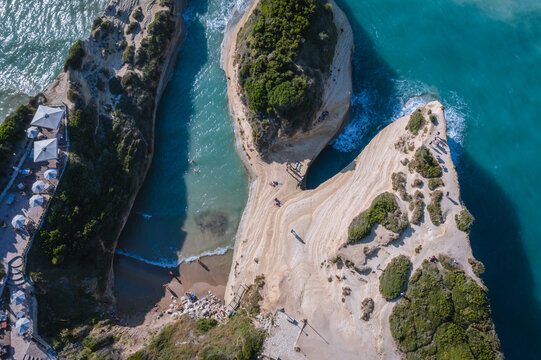 Drone photo of Channel of Love, famous bay in Sidari town on Corfu Island, Greece