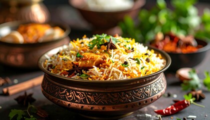Aromatic spiced rice dish in copper bowl