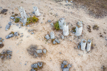 Drone photo of Pobiti Kamani - natural phenomenon called Stone Forest in Bulgaria