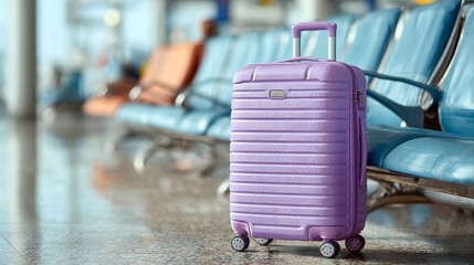 Pink suitcase in a modern, empty airport terminal. Travel, vacation, and journey concept. Luggage waiting for departure with a blurred background and copy space.