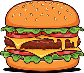 Cartoon-style cheeseburger with sesame bun, lettuce, tomato, melted cheese, and beef patty on white background, ideal for menu design or food advertising