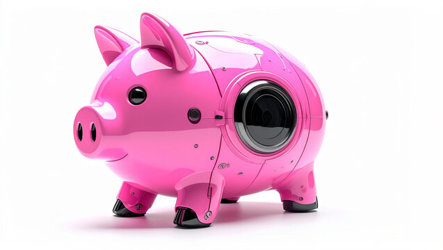 A unique pink piggy bank with a camera lens incorporated into its design, a symbol of financial vision