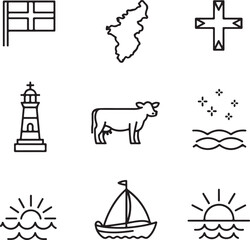 Guernsey Culture and Maritime Vector Icons Collection Flag, Map, Cross, Cow, Lighthouse, Boat, Waves, and National Symbols Line Art