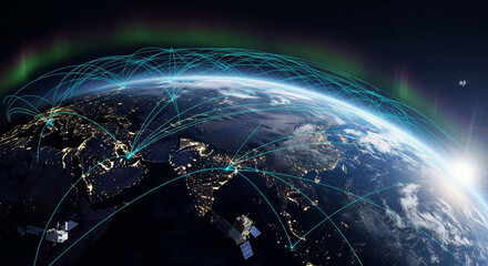 A Satellite View of Earth with Glowing Lines Representing Shared Early Warning Networks