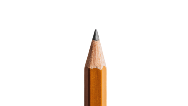 Close-up of a sharpened pencil tip against a black background.  The tip is a dark gray graphite, while the wooden shaft is a light orange-brown.  Sharp point and wood grain visible