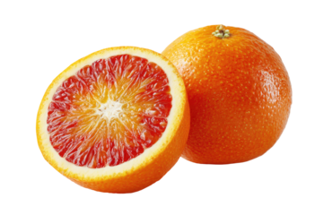 Close-up of two blood oranges, one whole and one halved, displaying vibrant red segments