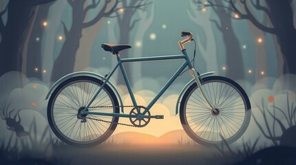 Fototapeta premium Magical forest bike awaits adventure under glowing lights
