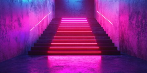 Neon-lit staircase with vibrant colors leading to an illuminated upper level in an urban setting