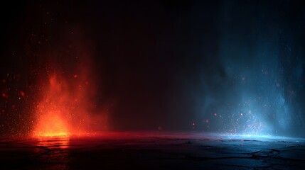 Fototapeta premium Abstract background with glowing blue and red fire effects on cracked ground, futuristic energy battle flames and fantasy light explosion