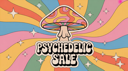 Obraz premium Psychedelic mushroom art sale with retro groovy background and stars for a limited time offer today
