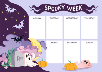 Colorful Halloween weekly planner with playful ghosts and bats. Perfect for event planning, to-do lists, and seasonal stationery. Spooky Week background. Flat vector illustration.