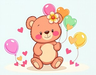 Adorable teddy bear celebrates with colorful balloons and hearts