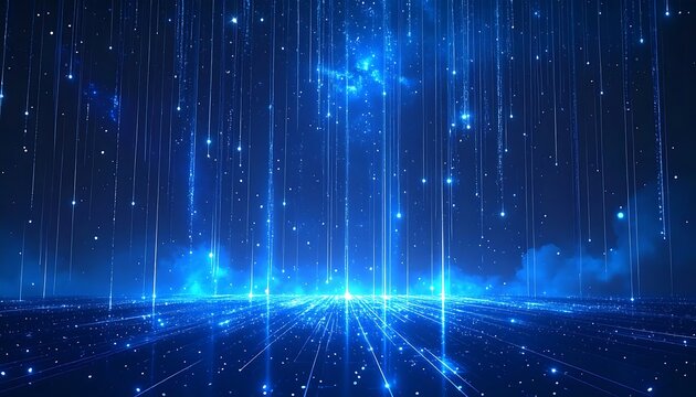 Digital rain, glowing lines, blue light show