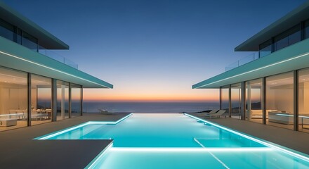 Fototapeta premium Oceanfront luxury villa at sunset, modern architecture with infinity pool