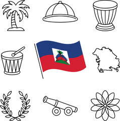 Haiti Flag Variations Vector Line Art Collection with Map, Palm, Drum, Liberty Symbols, and Heritage Icons