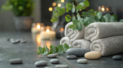 Rolled spa towels with burning candles and eucalyptus leaves on stone table – relaxation and wellness concept