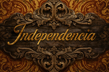 Golden 'Independencia' Text on a Vintage Carved Wooden Sign