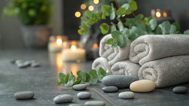 Rolled spa towels with burning candles and eucalyptus leaves on stone table – relaxation and wellness concept - Powered by Adobe