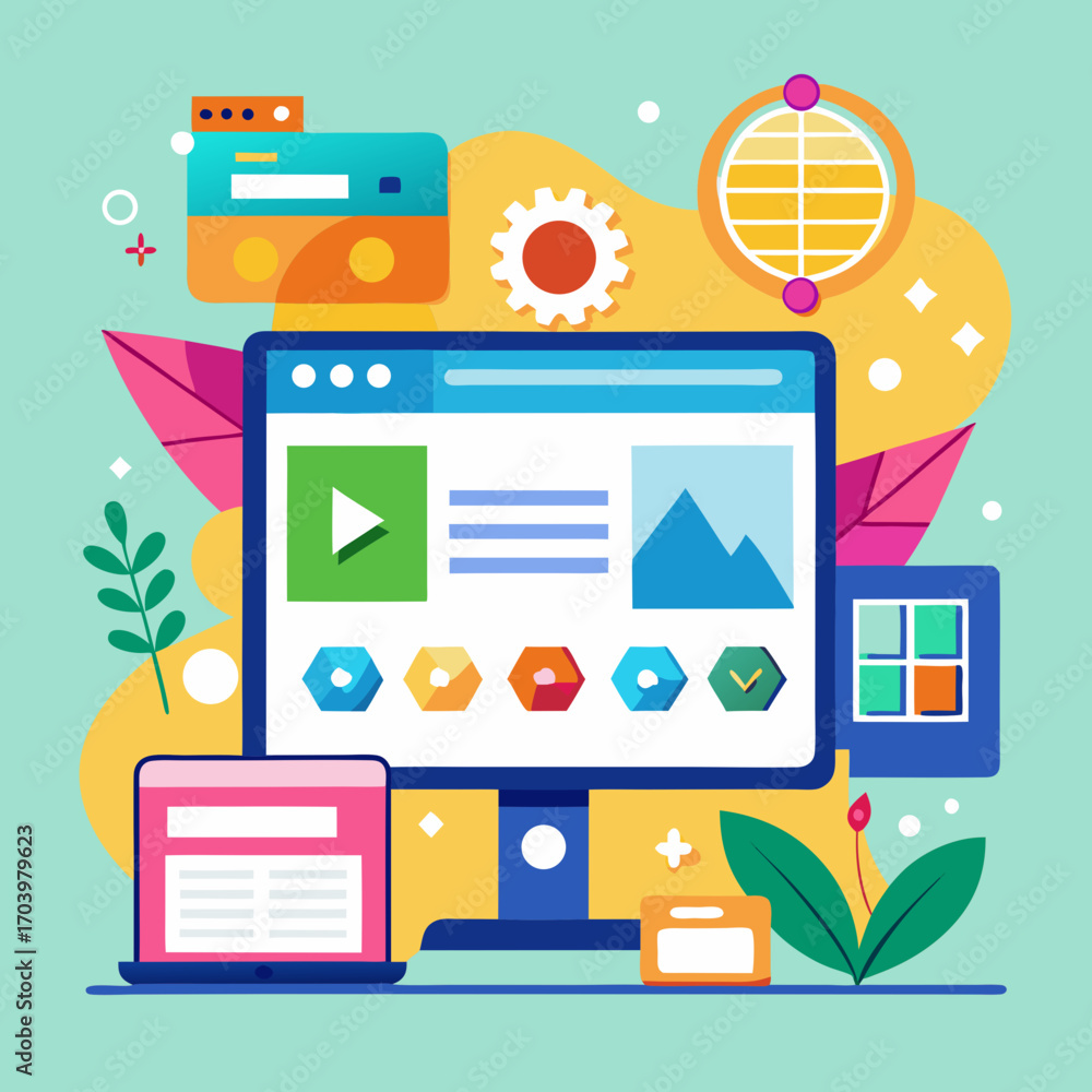 Wall mural website design with computer screen and various icons