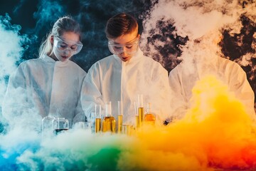 Chemistry experiment smoke and colorful vapor high school students in protective gear educational science class active learning concept