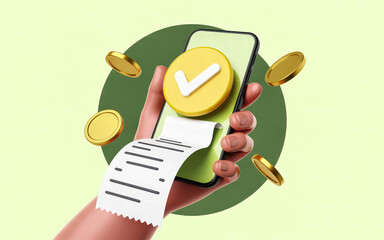 3D render hand holds smartphone large checkmark on screen digital receipt exits golden coins float