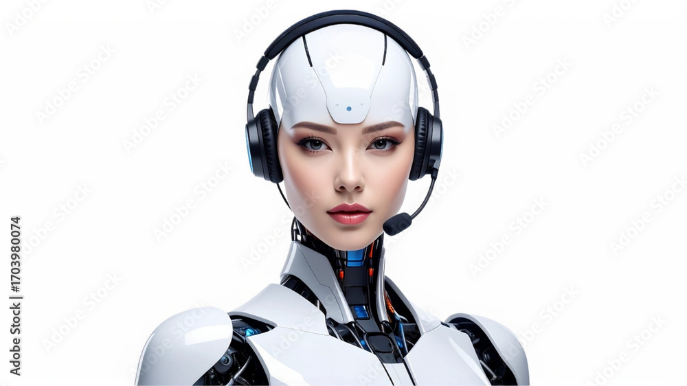 Poster a futuristic android robot with a headset