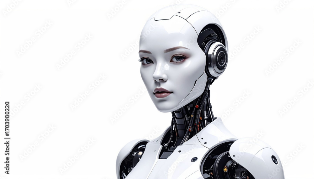 Poster a realistic portrait of a humanoid robot with a serene expression. the robot is depicted in a sophis