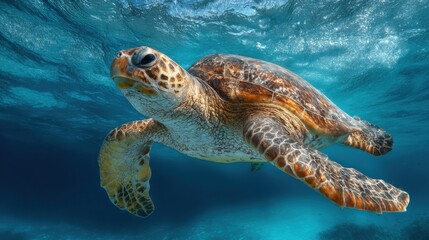 Naklejka premium A green sea turtle swims effortlessly just below the surface of clear blue waters, showcasing its detailed shell and vibrant colors. Sunlight filters through, illuminating the scene.