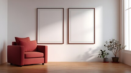 Minimalist living room with modern red sofa, green indoor plants, wooden floor, and stylish blank frames on white wall for interior design