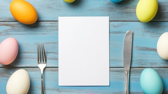 Easter eggs menu card on rustic blue table