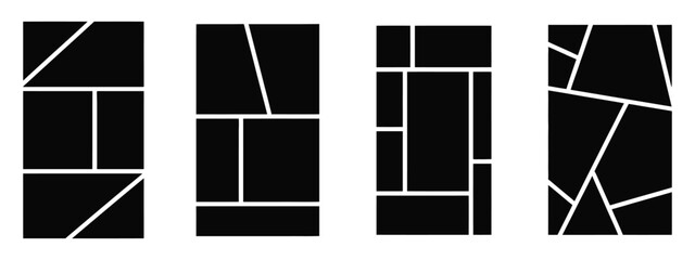 Image Collage Layout Template Set in Black Mosaic Style. Mood Board Grid Collection for Photo Album, Memory Wall, Poster, Banner, Mockup, Flyer, and Brochure Design.