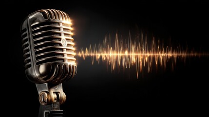 A detailed close-up of a vintage microphone stands against a black backdrop. Sound waves emanate from it, capturing the essence of a musical performance, perfect for artists and studios.
