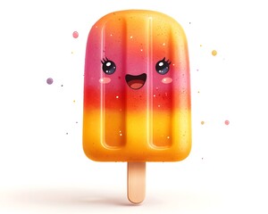 A cheerful cartoon popsicle with vibrant fruity colors and a smiling face isolated on white
