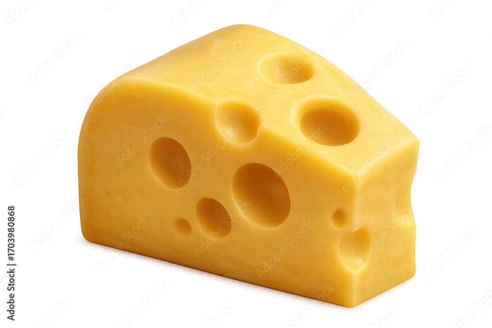 Poster triangular swiss cheese slice highlighting distinctive irregular holes, resting against transparent 